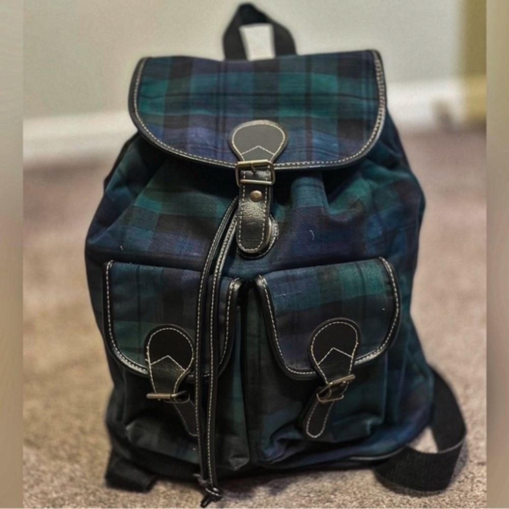 Tartan Plaid Polo Vintage Full Size Backpack Green Blue Black GVC